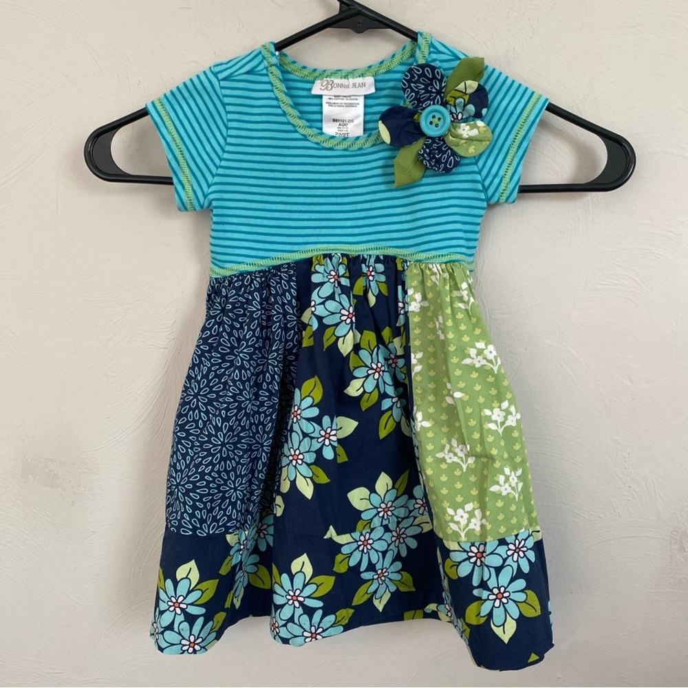 Bonnie Jean Striped and Floral Girls Dress Blue Green Knit 2 T